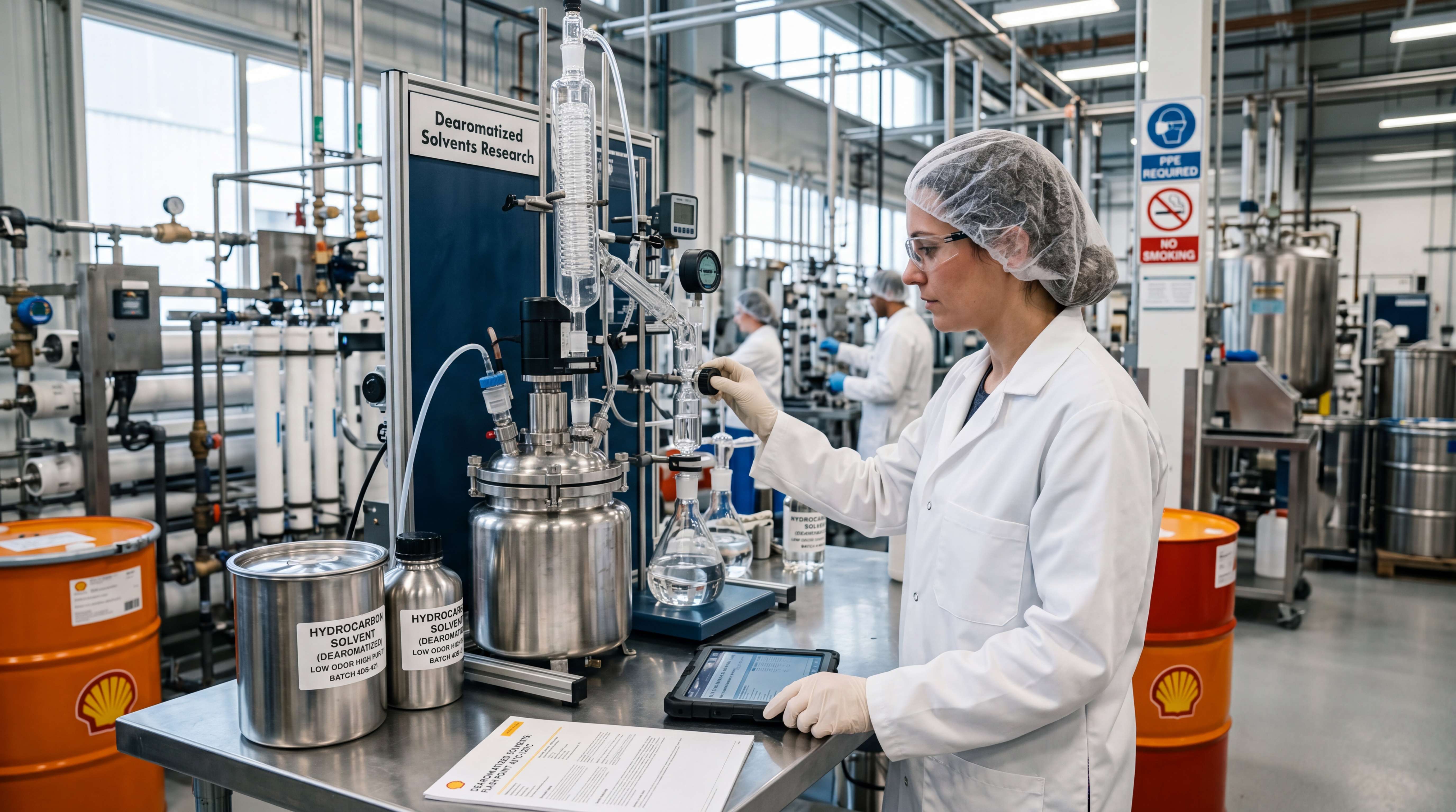 Dearomatized hydrocarbon solvent research and testing in an industrial chemical laboratory